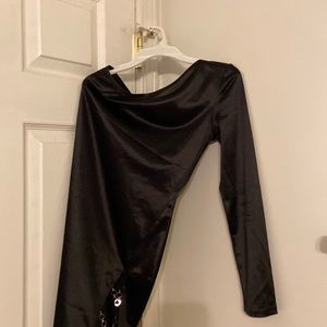 Black one sleeve dress with silver chains on one leg